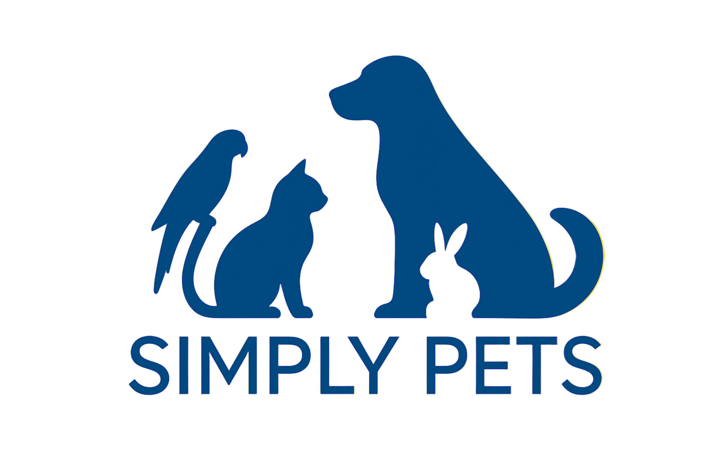Logo of 'Simply Pets' with silhouettes of a dog, cat, and rabbit on a white background.