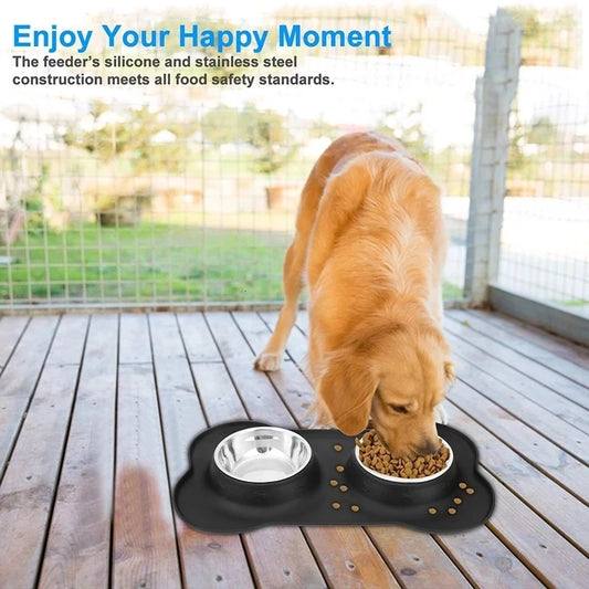 Anti-Slip Double Dog Bowl with Silicone Mat – Food & Water Set