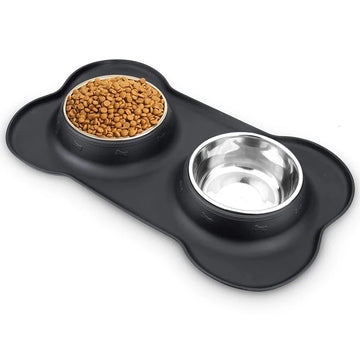 Anti-Slip Double Dog Bowl with Silicone Mat – Food & Water Set