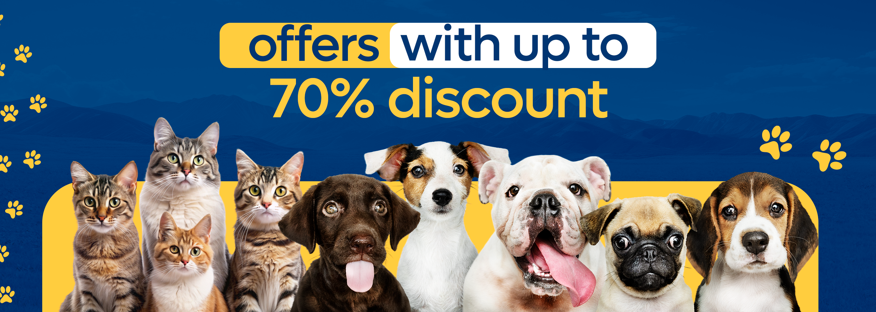 Promotional banner with dogs and cats showing discounts on a blue and yellow background